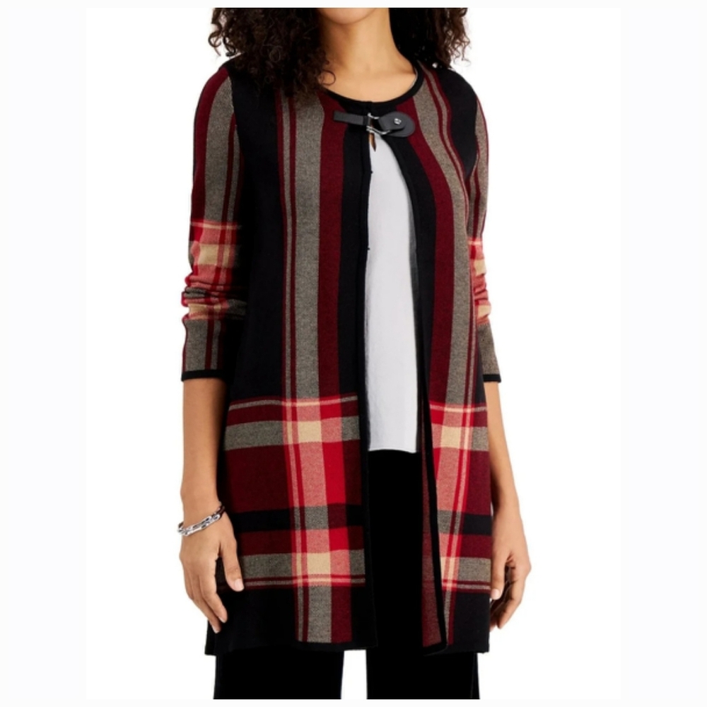 Jones Studio Plaid Open-Front Sweater